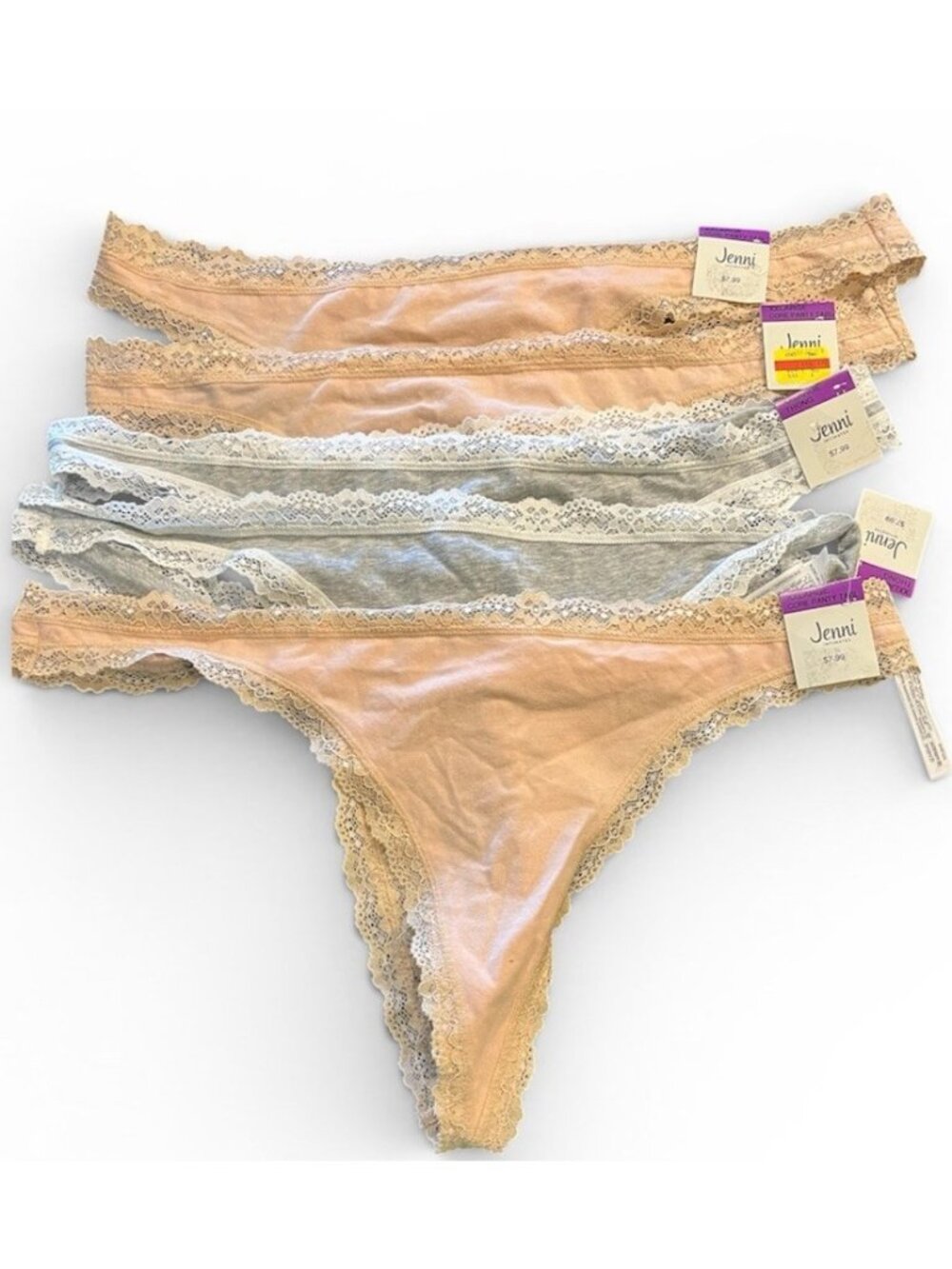 Jenni Plus Size XXL Thongs Lot of 5 Pair NWT Lace Trim Gray Chai Panties New